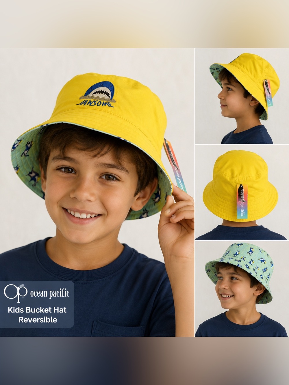 Ocean Pacific Kids Reversible Shark Bucket Hat Yellow & Aqua “Jawsome” NWT